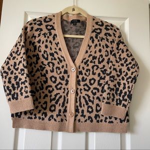 J Crew Animal Print Knit Merino Wool Crop Cardigan Sweater  Button Up Brown XXS